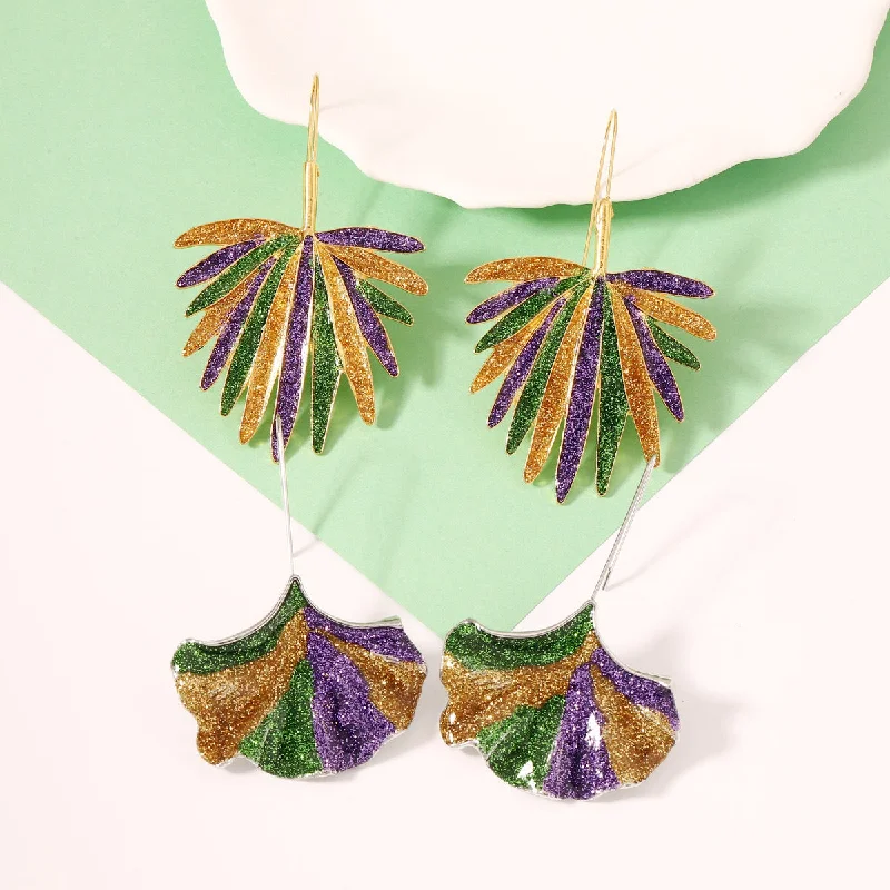 Drop Earrings with Embossed Patterns -Wholesale Carnival Leaf  Mardi Gras Earrings