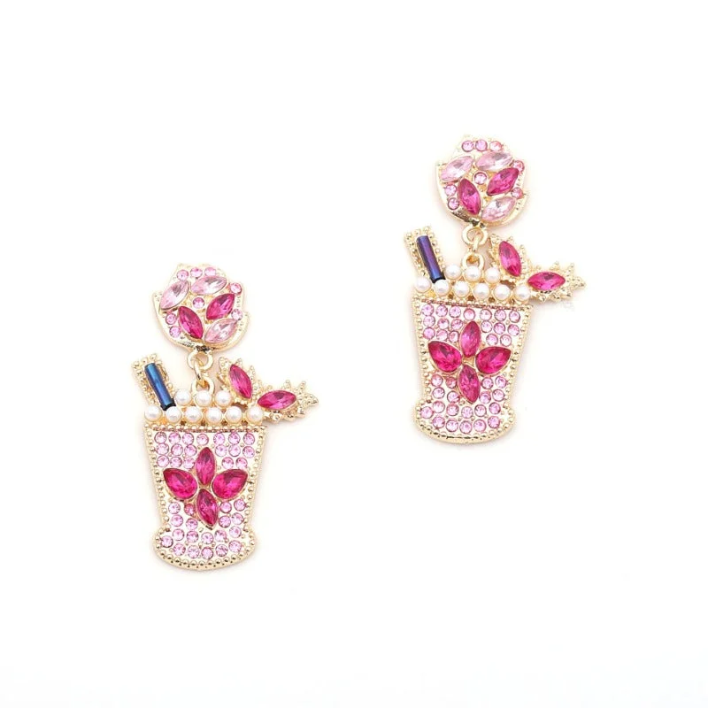 Drop Earrings with Keyhole Designs -Wholesale Cold Drink Glass Shaped Pearl Studded Diamond Alloy Earrings