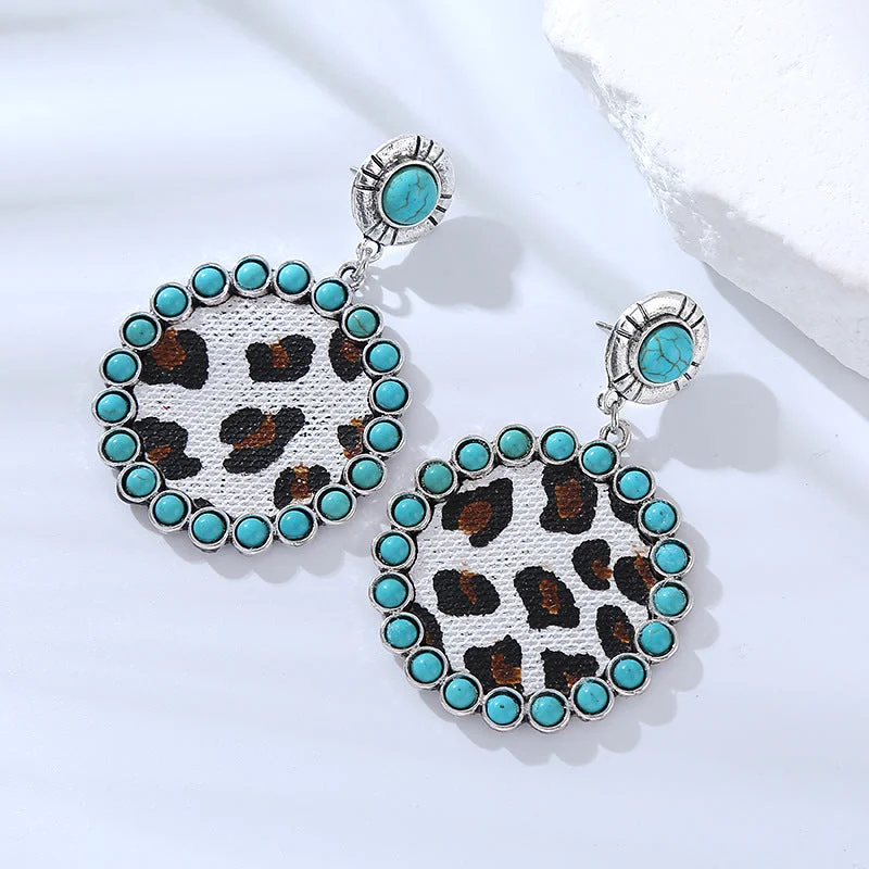 Long Drop Earrings for Dramatic -Wholesale Creative Turquoise Leopard Print Leather Earrings