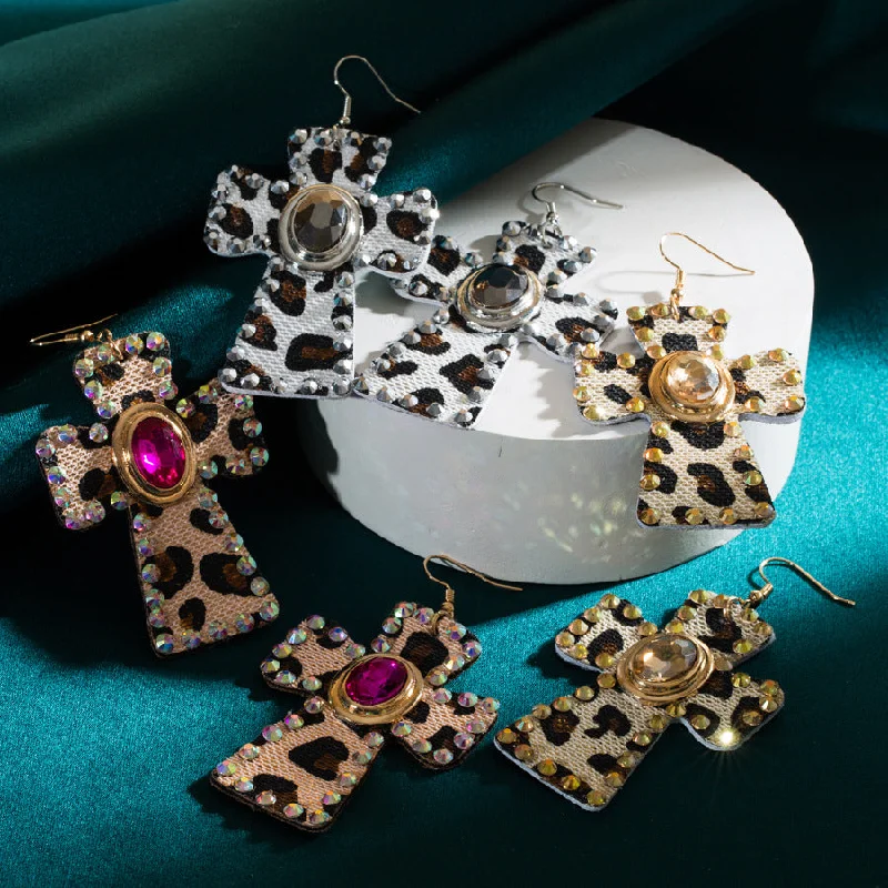 Drop Earrings with Hammered Finish -Wholesale Diamond Cross Leopard Print Leather Earrings