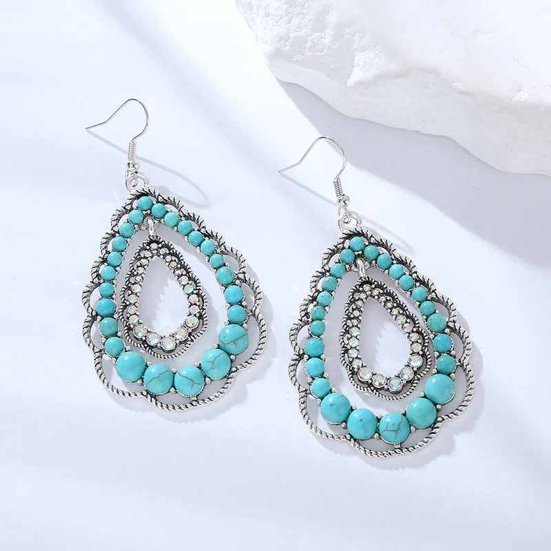 Bohemian Drop Earrings with Tassels -Wholesale Double Layer Water Drop Hollow Inlaid Turquoise Earrings