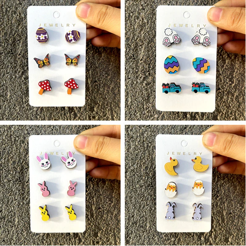 Drop Earrings for Evening Gown -Wholesale Easter Egg Cartoon Cute Wooden Earring Set