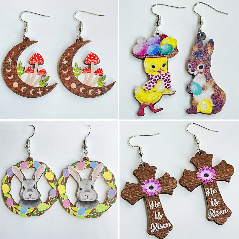 Drop Earrings with Textured Surface -Wholesale Easter Mushroom Cross Rabbit Egg Wooden Earrings