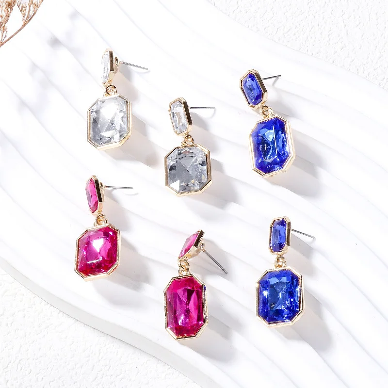 Drop Earrings for Casual Outfit -Wholesale Geometric Square Earrings with Alloy Diamond Inlaid Glass Stone Earrings