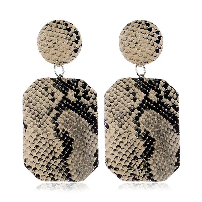 Drop Earrings with Etched Designs -Wholesale Geometric Square Leather Snake Pattern Earrings