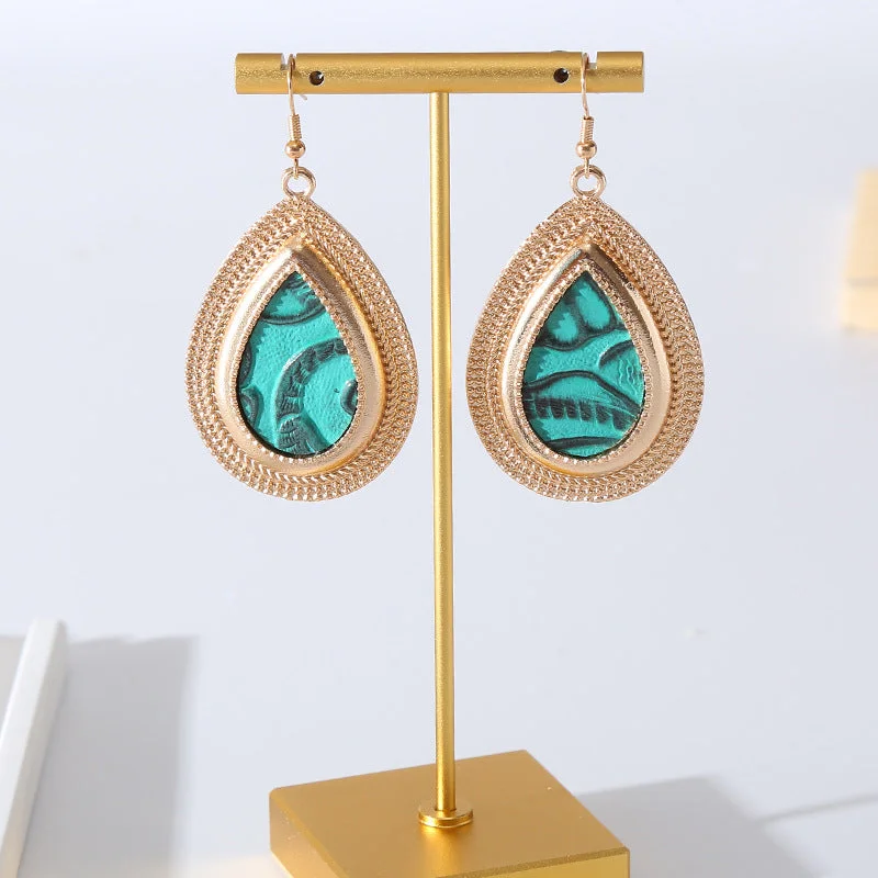 Nickel Free Drop Earrings for Safety -Wholesale Green Leather Printed Earrings