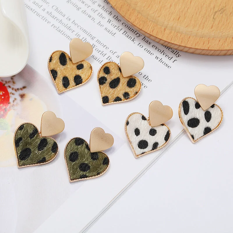 Rhinestone Drop Earrings for Sparkle -Wholesale Heart Shaped Alloy Flannel Leopard Print Alloy Earrings