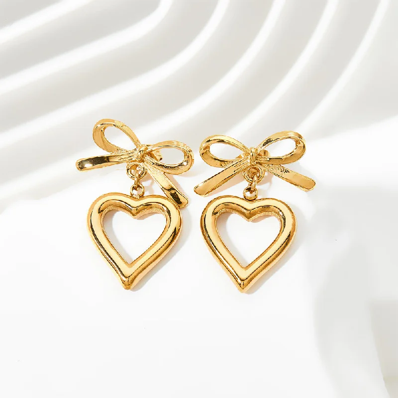 Long Drop Earrings for Dramatic -Wholesale Hollow Bow Heart Stainless Steel Earrings