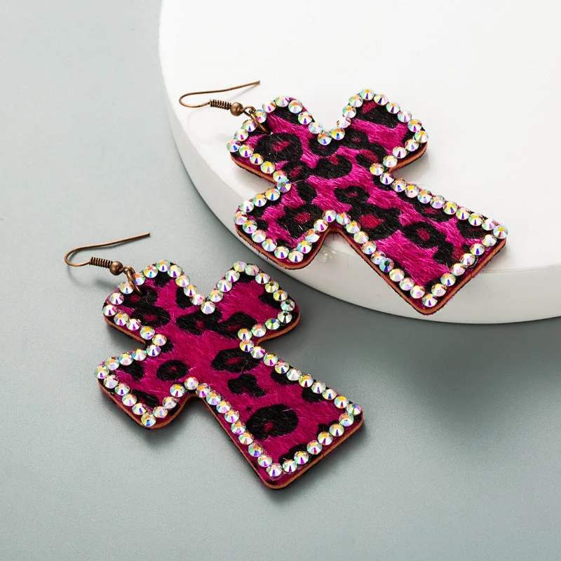 Drop Earrings with Embossed Patterns -Wholesale Leopard Cross Set Diamond Leather Earrings