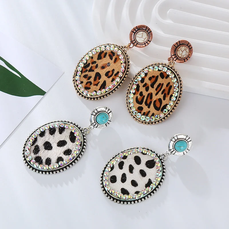 Drop Earrings with Floral Motifs -Wholesale Leopard Print Leather Alloy Diamond Turquoise Vintage Earrings