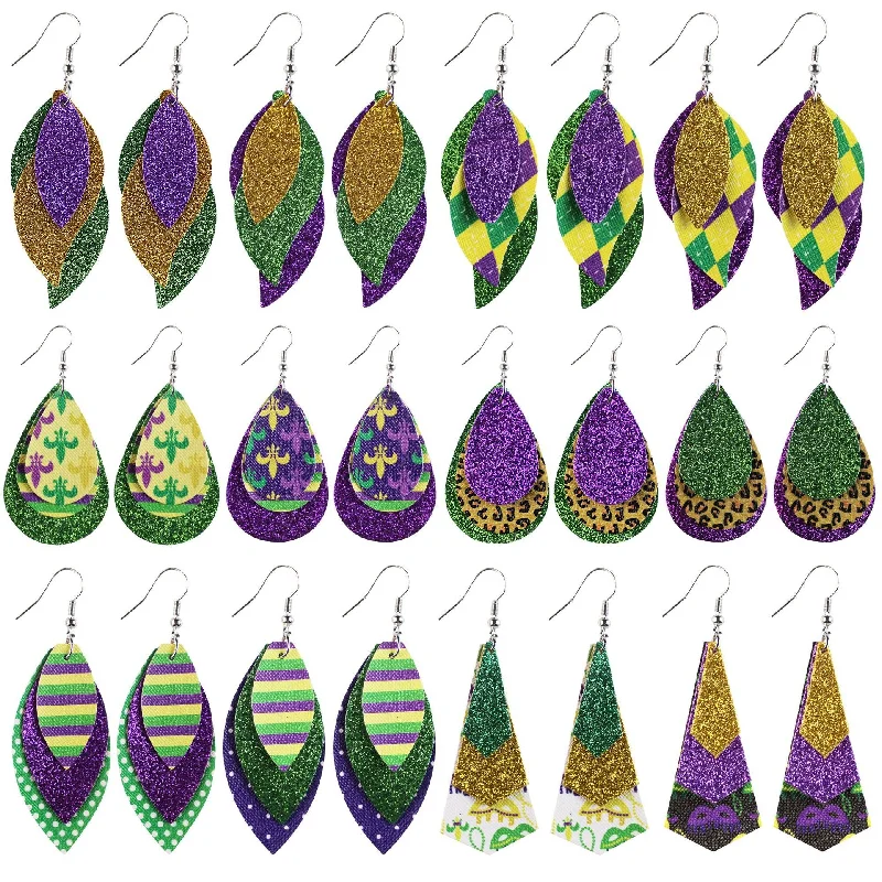 Heavy Duty Drop Earrings for Durability -Wholesale Mardi Gras Cross Pattern Single Side Print Three Layer Leather Earrings