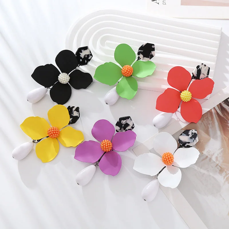 Screw Back Drop Earrings for Security -Wholesale Multi-layer Flower Alloy Paint Drop-shaped Pearl Earrings