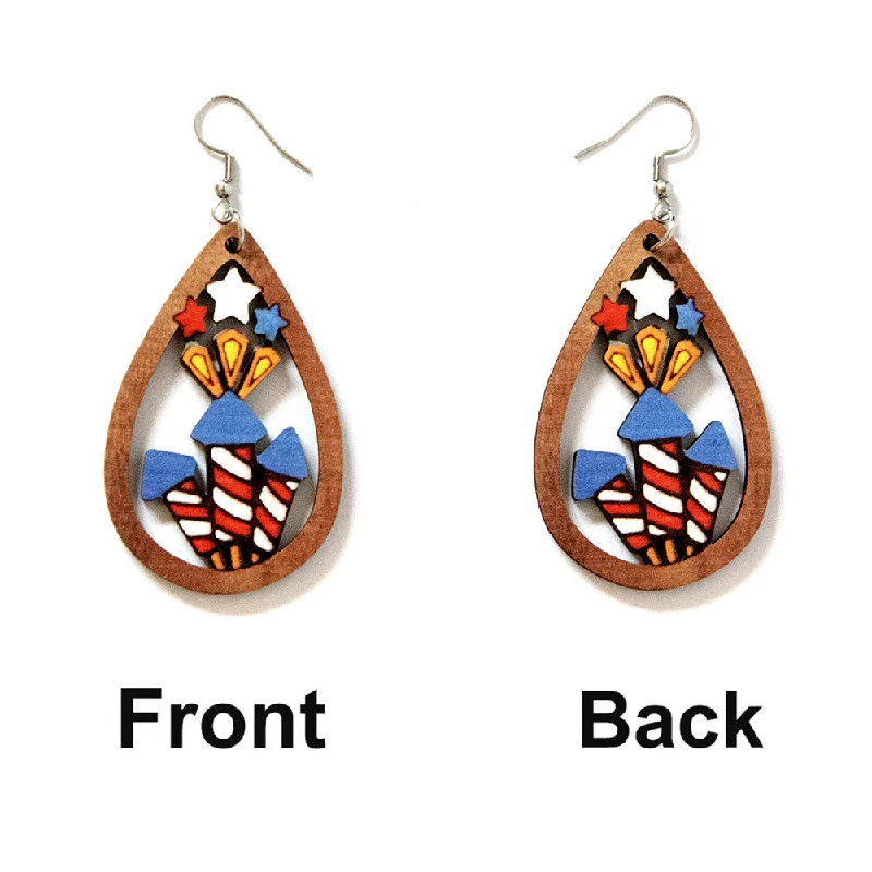 Drop Earrings with Leaf Motifs -Wholesale of American Independence Day Fireworks Wooden Earrings