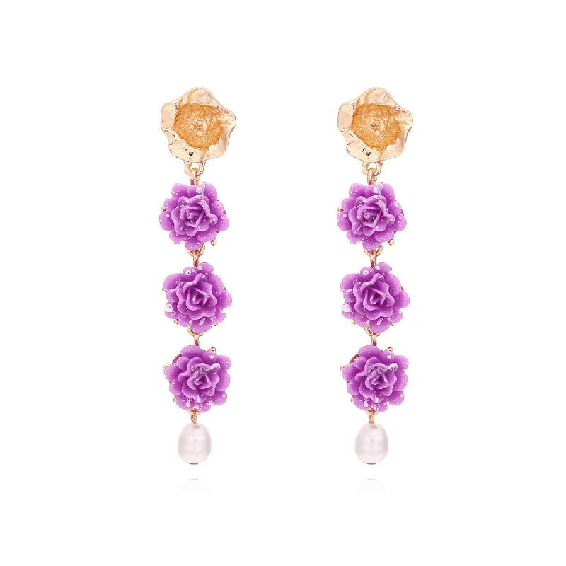 Drop Earrings for Yoga Session -Wholesale of Long Purple Resin Flower Plastic Earrings