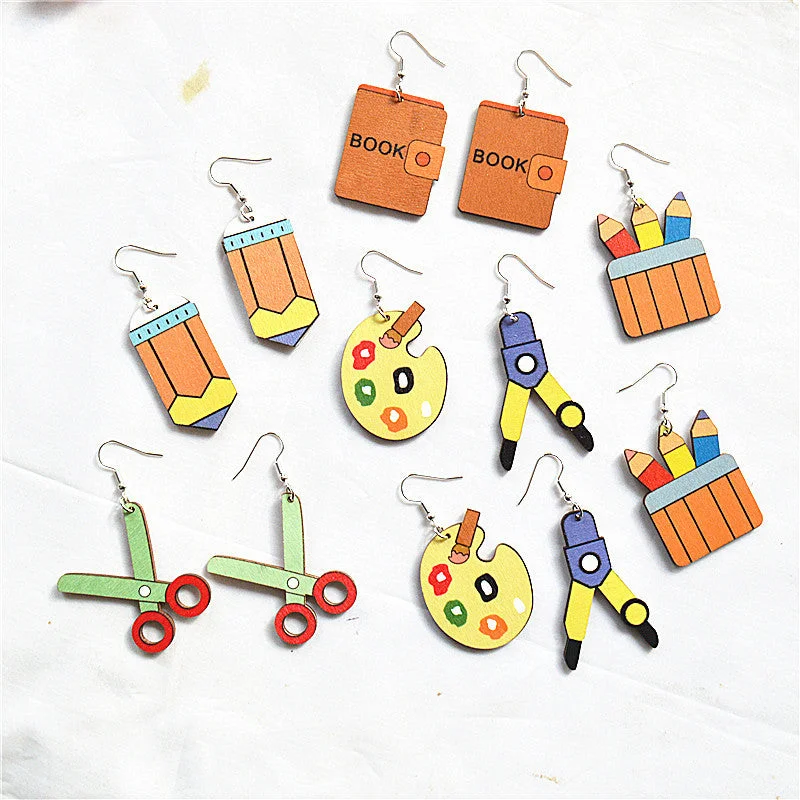 Drop Earrings for Office Wear -Wholesale Pencil Book Drawing Board Wooden Earrings