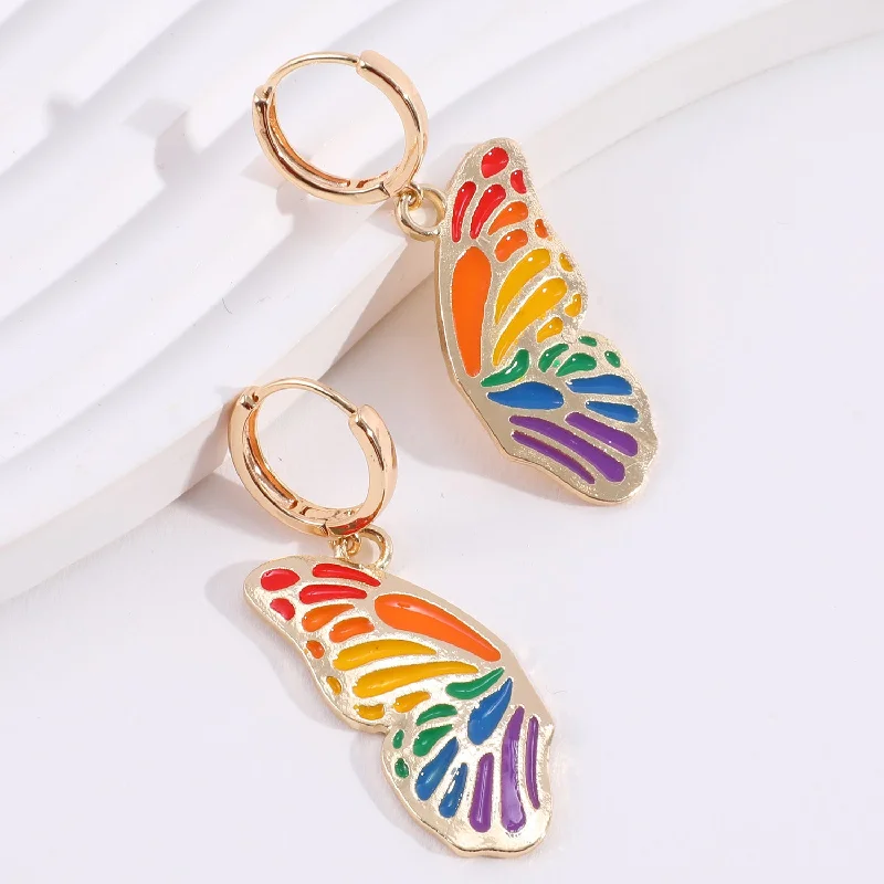 Triangular Drop Earrings for Edge -Wholesale Rainbow Alloy Love Peace Symbol Butterfly Wing Earrings