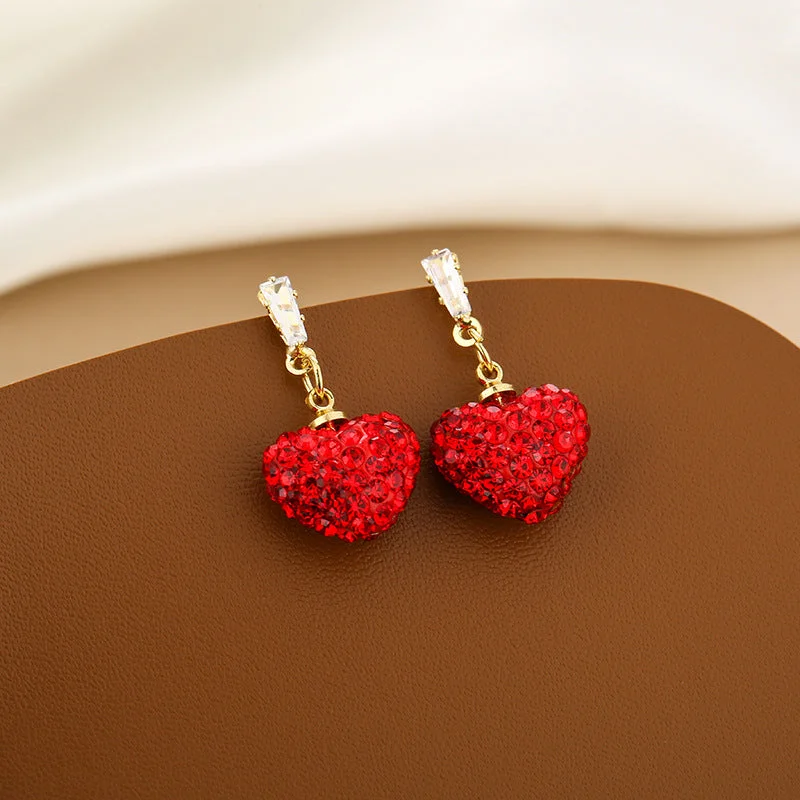 Drop Earrings with Knot Designs -Wholesale Red Full Diamond Heart-shaped Titanium Steel Earrings