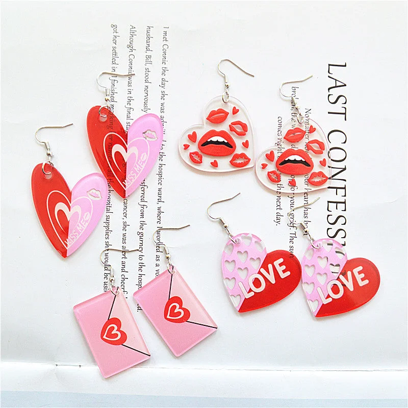 Drop Earrings for Formal Attire -Wholesale  Red Heart Shape Red Lips Earrings