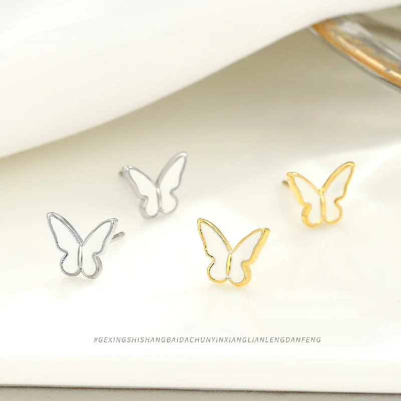 Small Drop Earrings for Delicate -Wholesale S925 Drop Glazed White Butterfly Sterling Silver Earrings