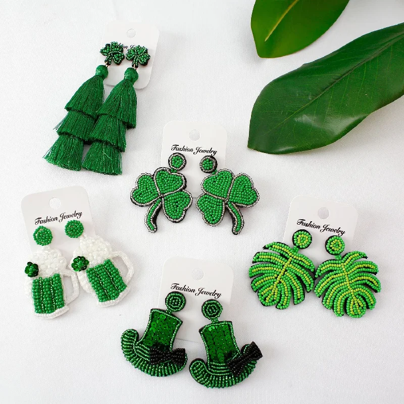 Drop Earrings for Mother's Day -Wholesale Saint Patrick Green Cotton Thread, Rice Beads, Leaf Earrings