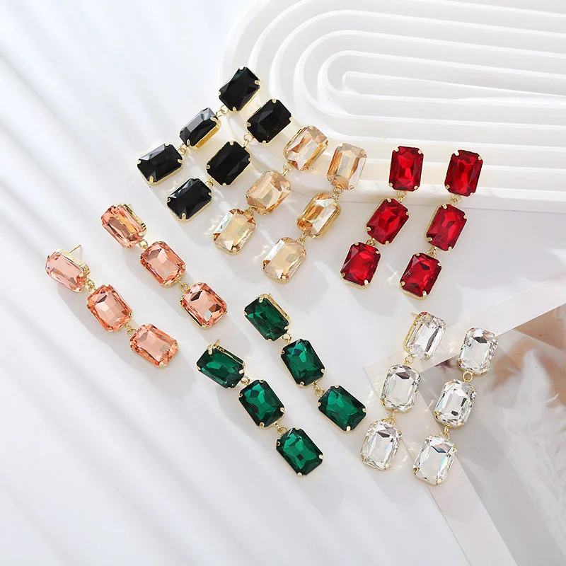 Studded Drop Earrings with Gemstones -Wholesale Square Glass Diamond Earrings