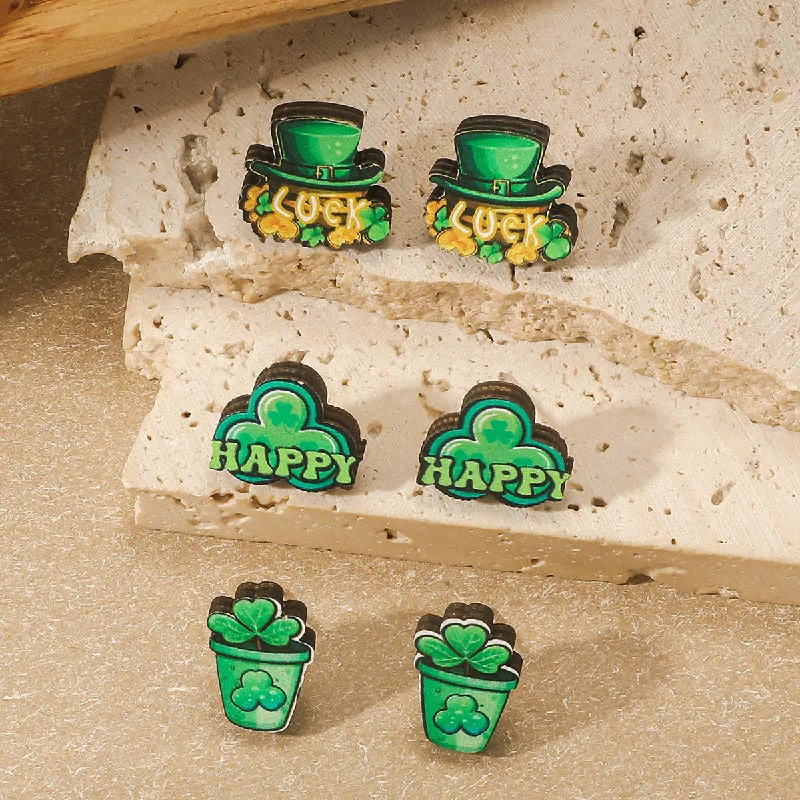 Drop Earrings with Leaf Motifs -Wholesale St. Patrick's Carnival Party Oktoberfest Shamrock Wooden Stud Earrings