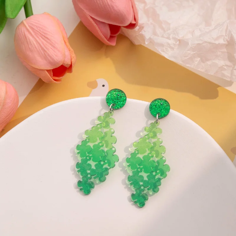 Drop Earrings with Crown Designs -Wholesale St. Patrick's Day Four Leaf Clover Patchwork Acrylic Earrings