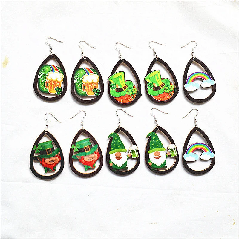 Drop Earrings for Evening Gown -Wholesale St. Patrick's Day Shamrock Green Rainbow Gnome Wooden Earrings