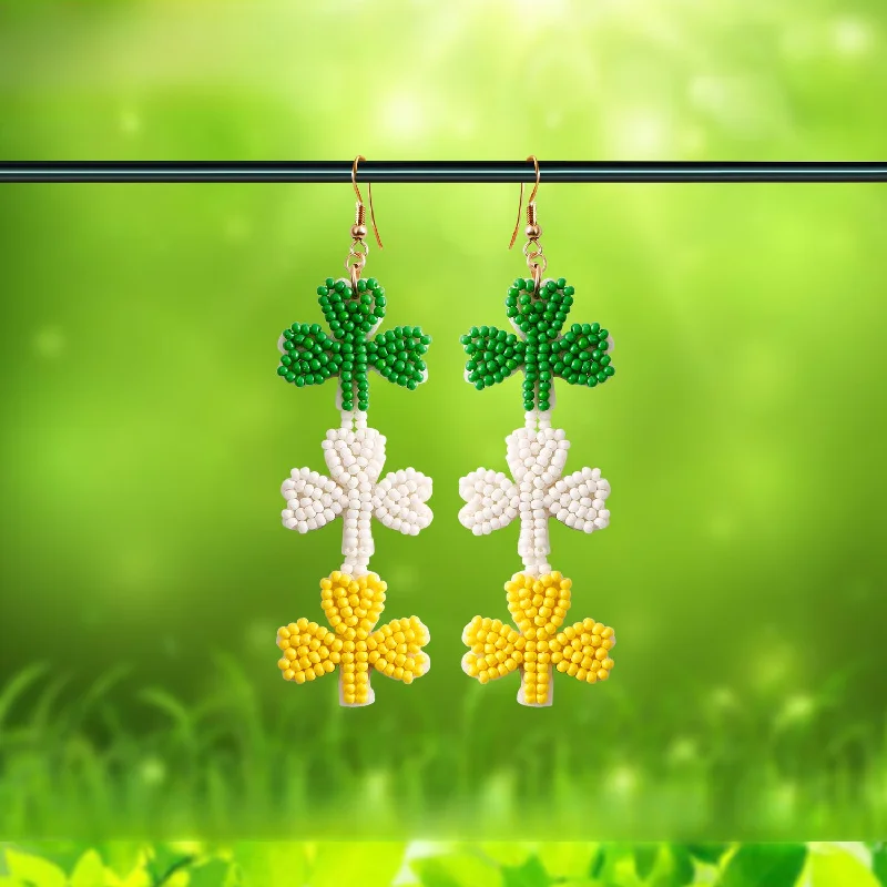 Drop Earrings for School Uniform -Wholesale St. Patrick's Day Shamrock Tricolor Rice Beads Earrings