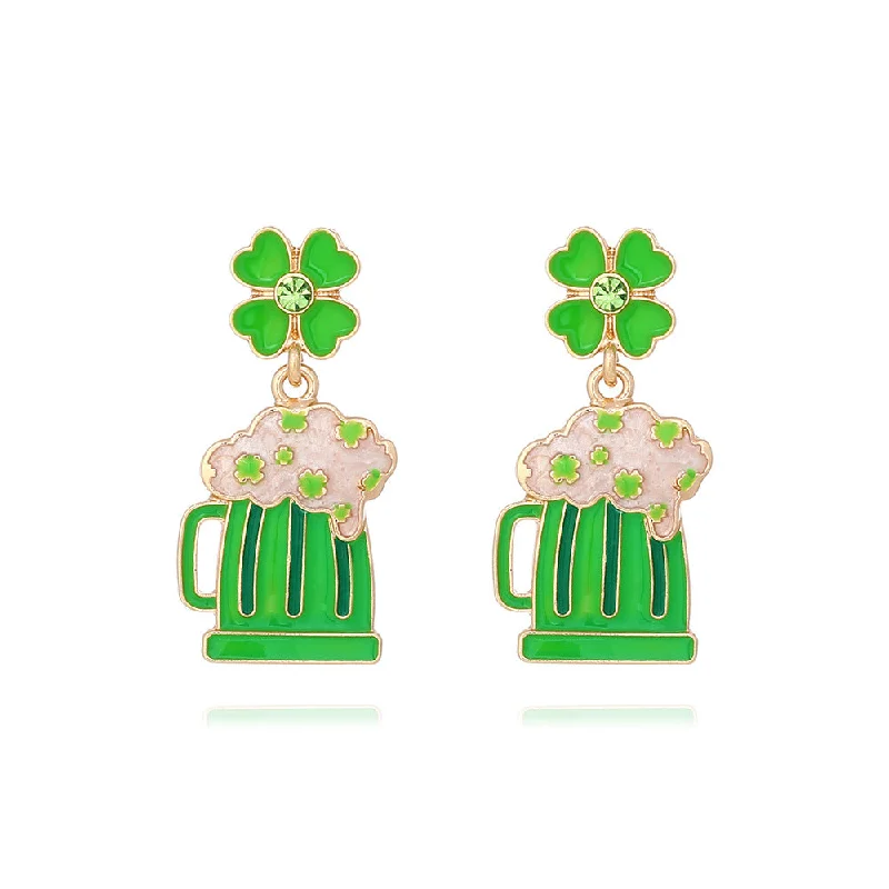 Drop Earrings with Infinity Symbols -Wholesale St. Patrick's Four-leaf Clover Alloy Oil-drip Diamond Beer Mug Earrings