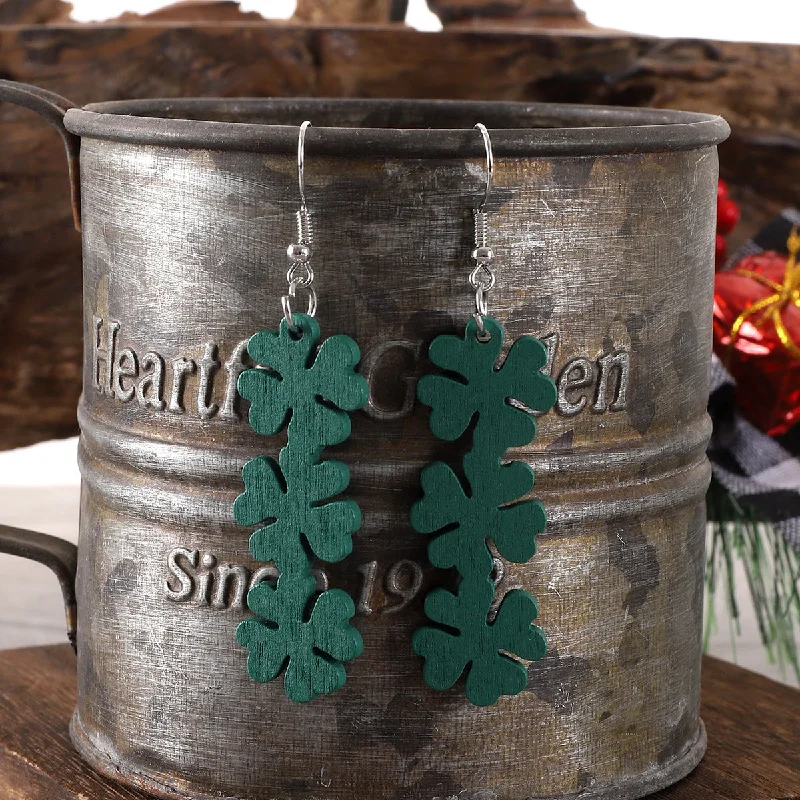 Drop Earrings for Work Attire -Wholesale St. Patrick's Four Leaf Clover Wooden Earrings