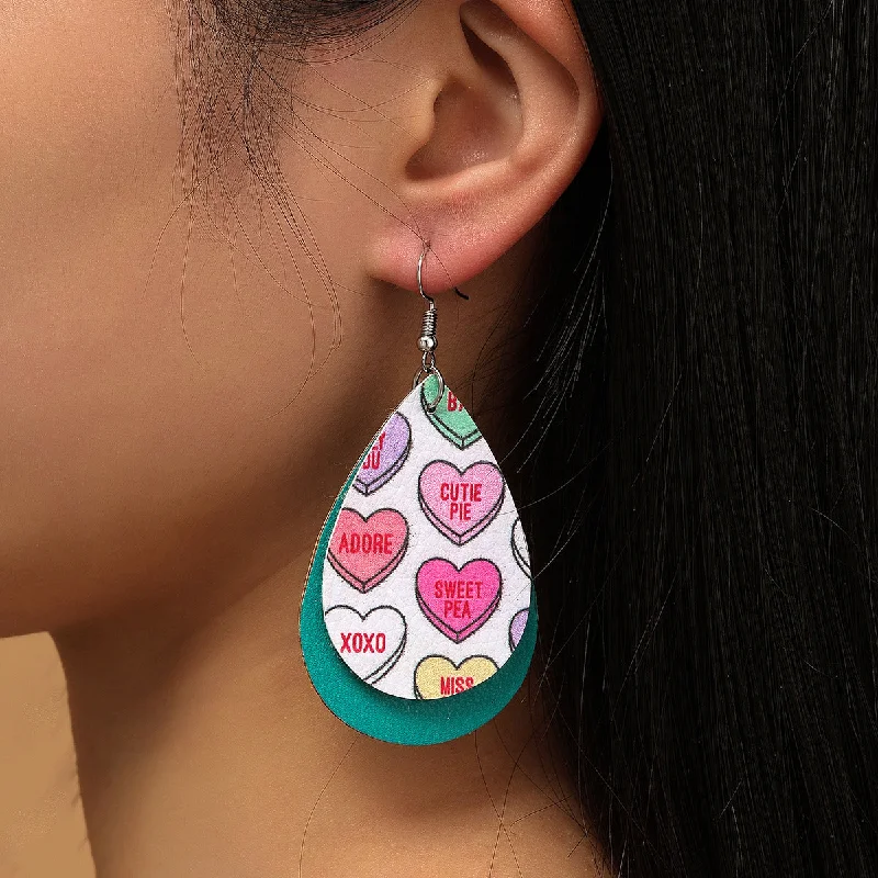 Oval Drop Earrings for Grace -Wholesale Valentine's Day Colorful Love Letters Leather Double Layer Drop Shape Earrings