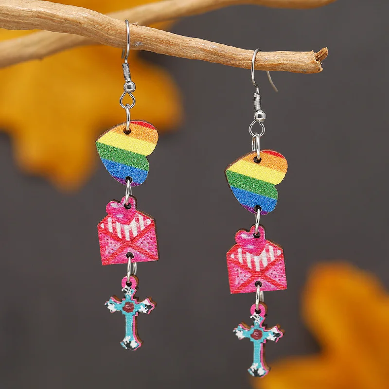 Leverback Drop Earrings for Comfort -Wholesale Valentine's Day Colorful Printed Love Cross Pendant Wooden Earrings