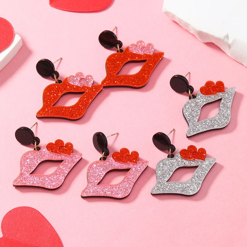 Maximalist Drop Earrings for Bling -Wholesale Valentine's Day Colorful Shining Love Lip Acrylic Earrings