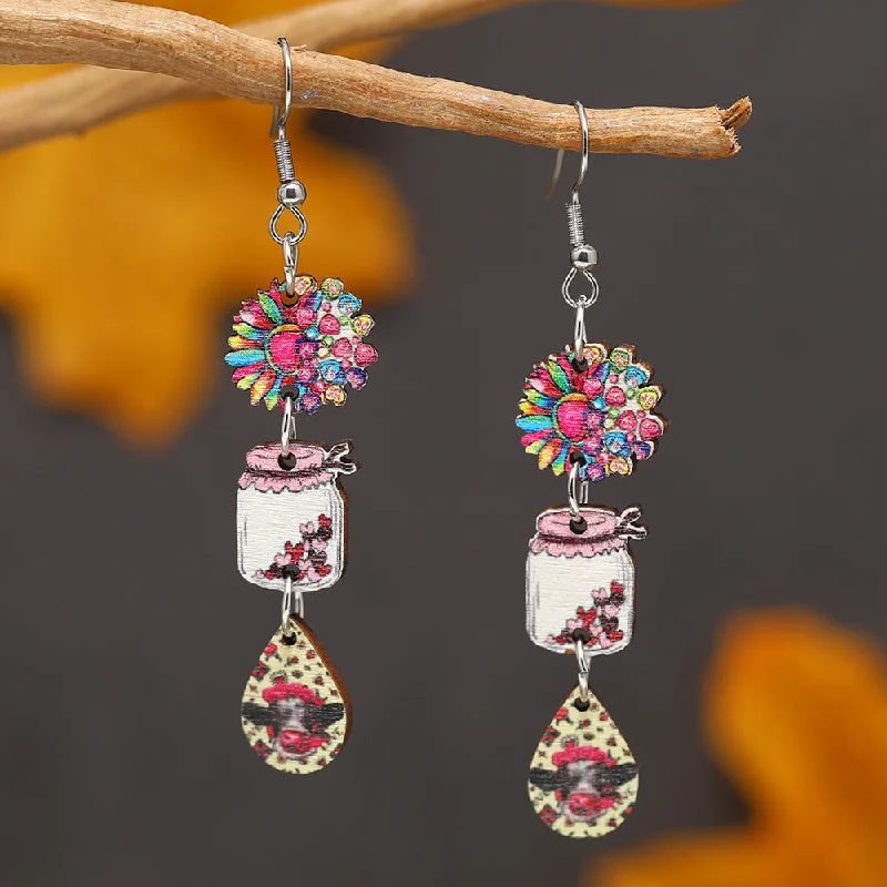 Drop Earrings with Hammered Finish -Wholesale Valentine's Day Creative Printed Wooden Earrings