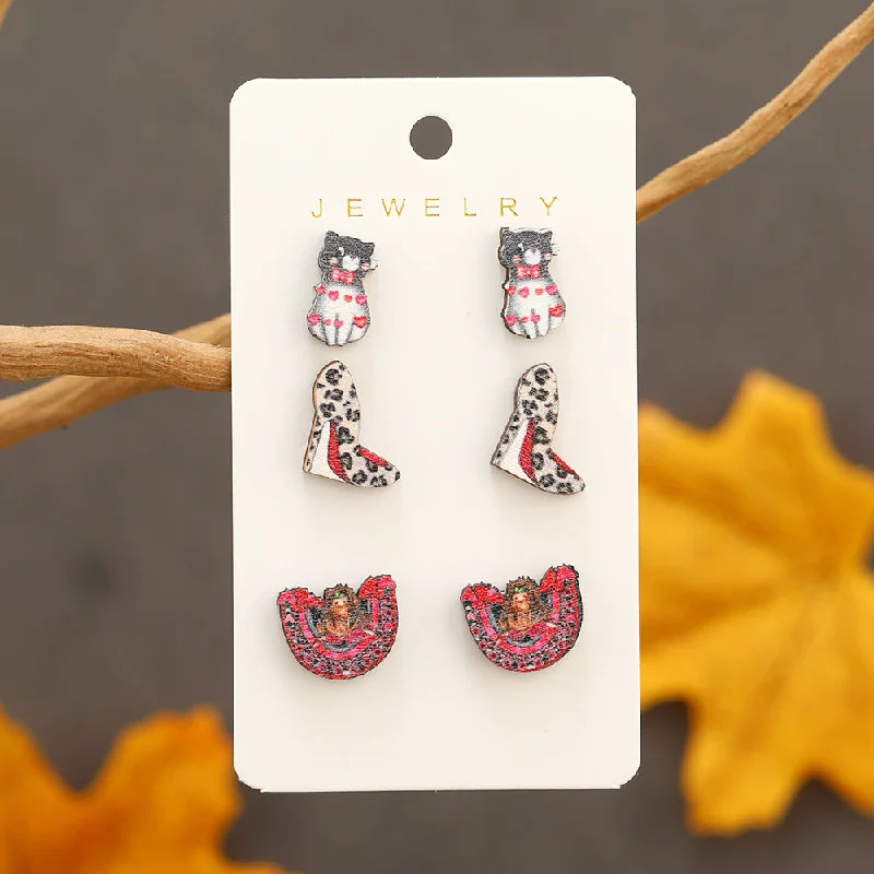 Vintage Drop Earrings with Patina -Wholesale Valentine's Day High Heels, Kitten Wooden Earrings