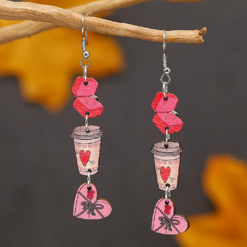 Drop Earrings with Etched Designs -Wholesale Valentine's Day Love Gift Boxes, Water Cup Printed Wooden Earrings