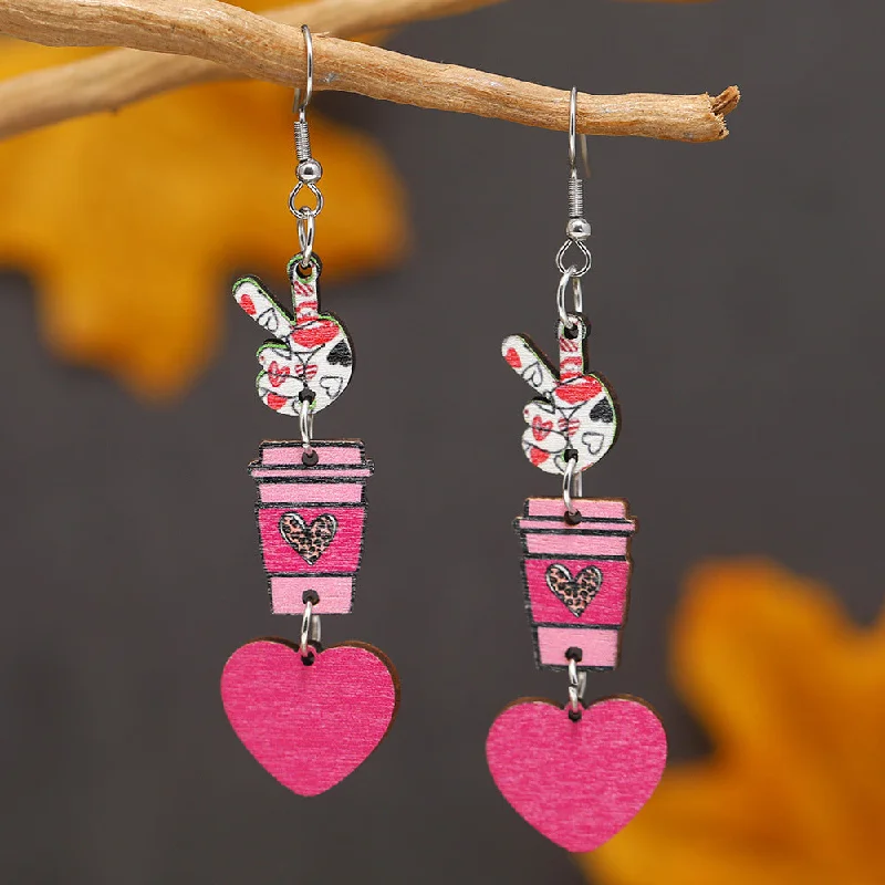 Drop Earrings with Polished Shine -Wholesale Valentine's Day Love Water Cup YES Wooden Earrings