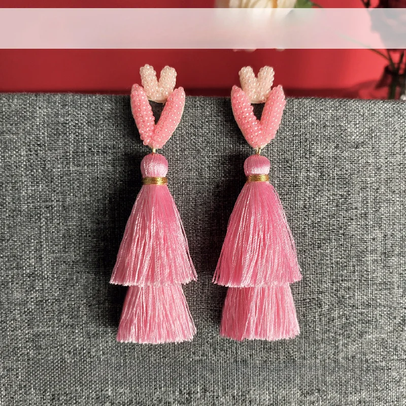 Drop Earrings with Vine Designs -Wholesale Valentine's Day Peach Heart Rice Beads Tassel Earrings