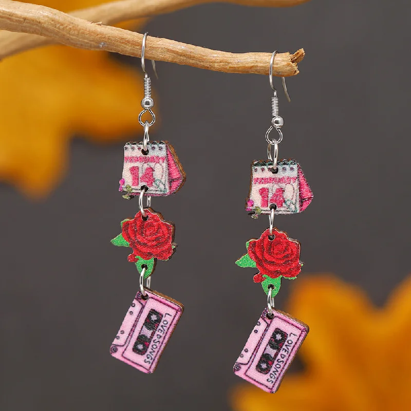 Drop Earrings with Filigree Work -Wholesale Valentine's Day Personalized Printed Wooden Earrings