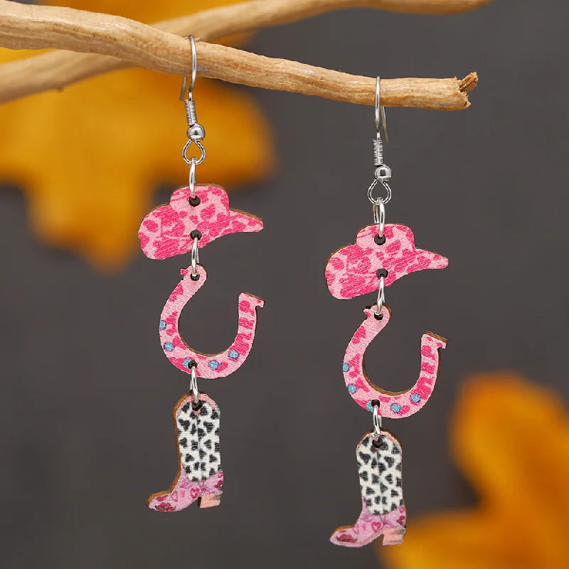 Magnetic Closure Drop Earrings for Easy -Wholesale Valentine's Day Pink Printed Denim Hats, Horseshoe High Heels, Wooden Earrings