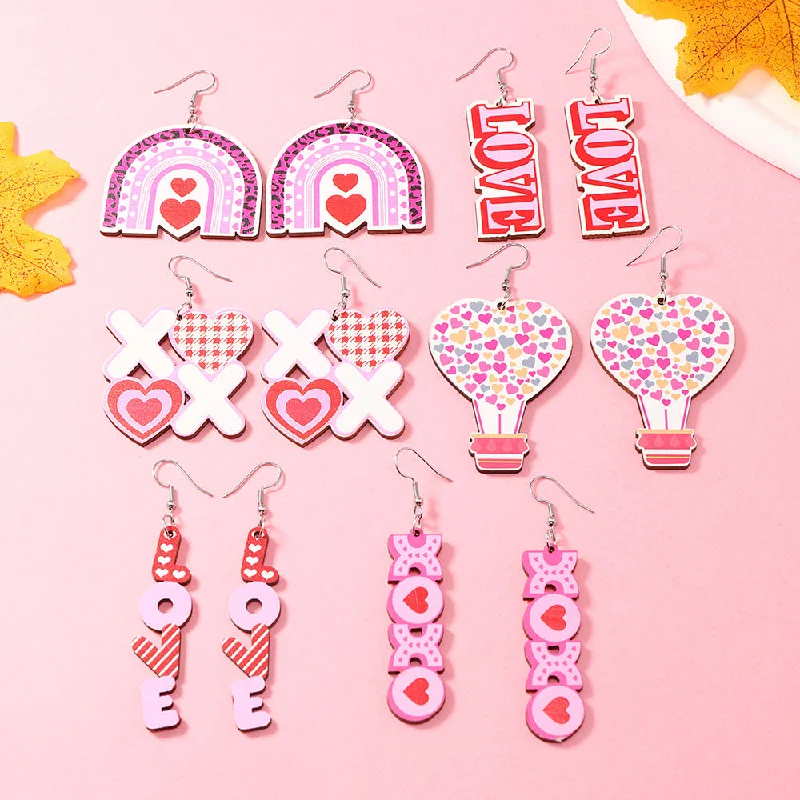 Heavy Duty Drop Earrings for Durability -Wholesale Valentine's Day Pink Printed Love Heart-shaped Wooden Earrings