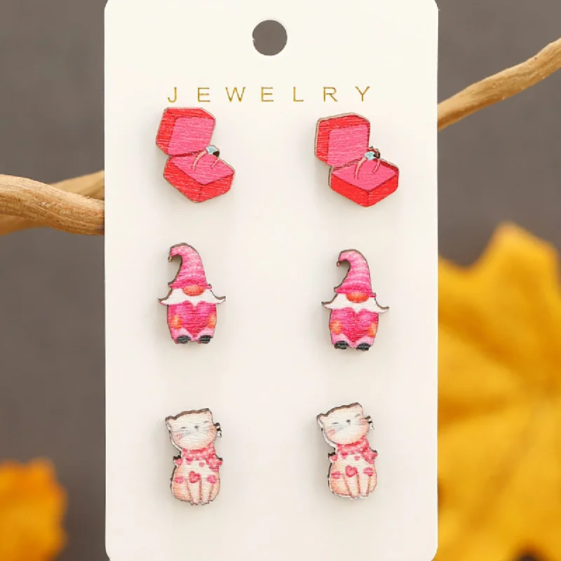 Retro Drop Earrings for Nostalgia -Wholesale Valentine's Day Pink Printed Wooden Earrings