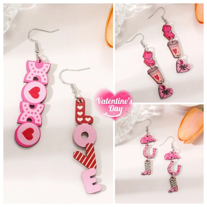 Drop Earrings for Anniversary -Wholesale Valentine's Day Pink Series Love Coffee Cup Personalized Western Cowboy Style Wood Earrings