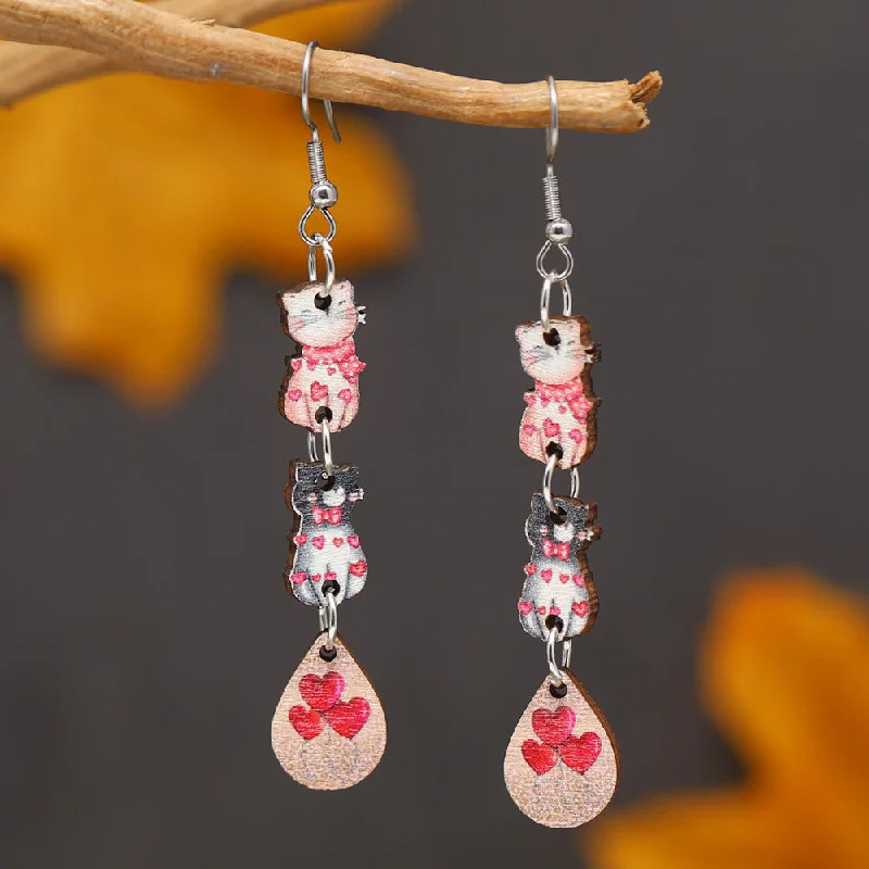 Waterproof Drop Earrings for Outdoor -Wholesale Valentine's Day Printed Kitten Water Droplets Wooden Earrings