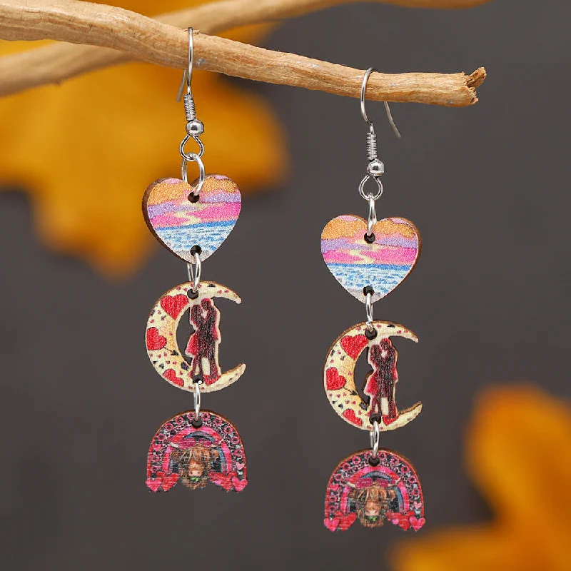 Lead Free Drop Earrings for Health -Wholesale Valentine's Day Printed Love Moon Wooden Earrings