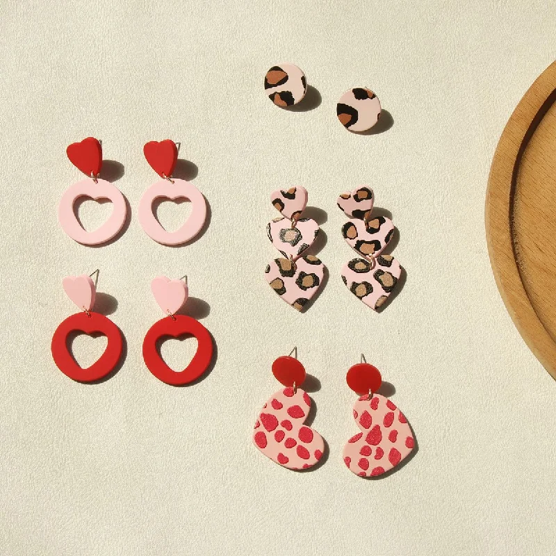 Drop Earrings with Embossed Patterns -Wholesale Valentine's Day Red Pink Heart Leopard Print Long Retro Acrylic Earrings