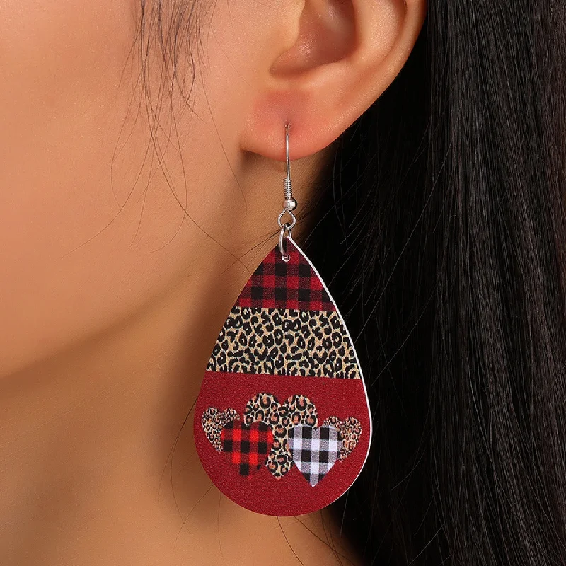 Geometric Drop Earrings for Trend -Wholesale Valentine's Day Red Plaid Peach Heart Leopard Leather Drop Earrings