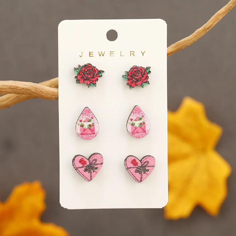 Nickel Free Drop Earrings for Safety -Wholesale Valentine's Day Rose Love Wooden Earpiece Set