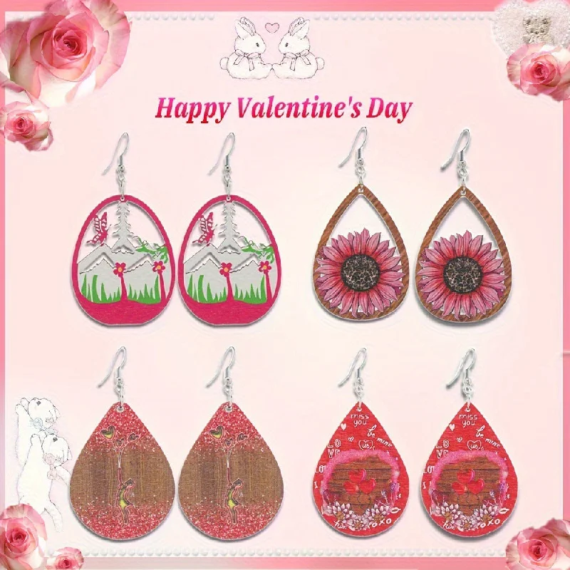 Detachable Drop Earrings with Charms -Wholesale Valentine's Day Sunflower Balloon Droplet Shaped Pendant Wooden Earrings